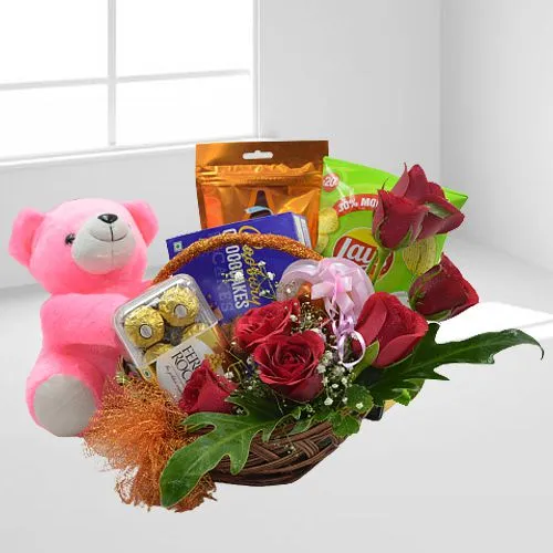 Gorgeous Floral Basket Full of Gourmets with Teddy