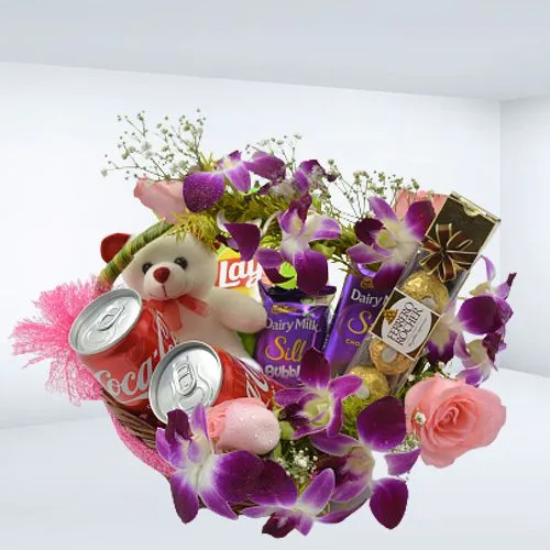Beautiful Flower Decorated Basket of Chocolates, Chips n Coca Cola with Teddy