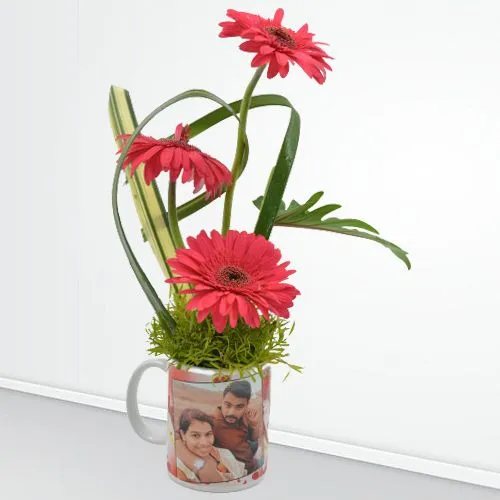 Splendid Gift of Personalized Mug Full of Red Gerbera for Valentine