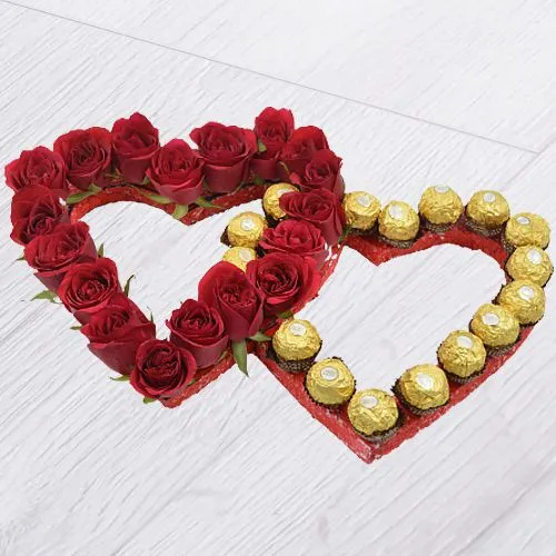 Dazzling Twin Heart Arrangement of 20 Red Roses n 20 Ferrero Rocher