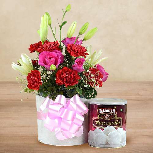 Gorgeous Mixed Flowers Basket with Haldiram Rasgulla
