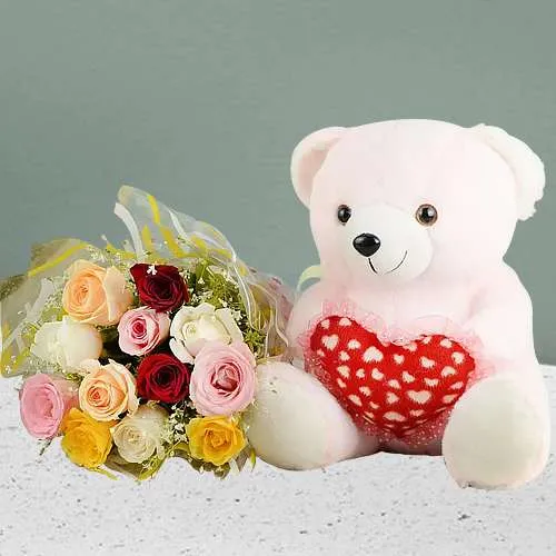 Excellent Combo of Mixed Roses Bouquet n Pink Teddy
