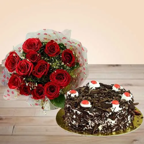 Dazzling Combo of Red Roses Bouquet n Black Forest Cake