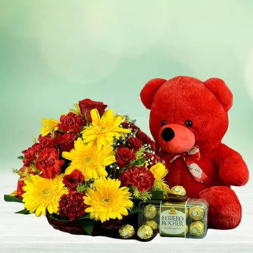 Dazzling Mixed Floral Combo with Ferrero Rocher n Teddy