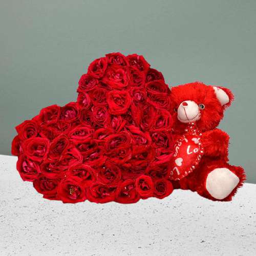 Excellent Hearty Red Roses Arrangement n Red Teddy Combo