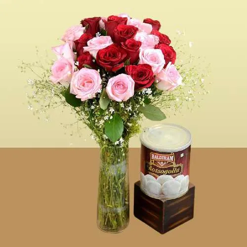 Lovely Vase of Red n Pink Roses with Haldiram Rasgulla