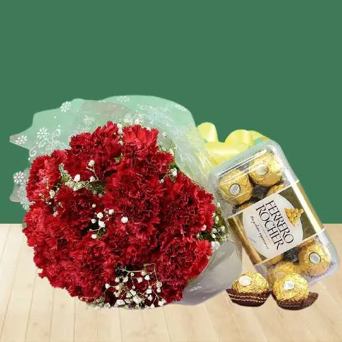 Amazing Red Carnation Bunch n Ferrero Rocher Combo