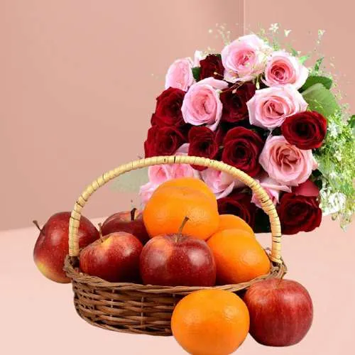 Wonderful Pink n Red Roses Bouquet with Fruits Basket