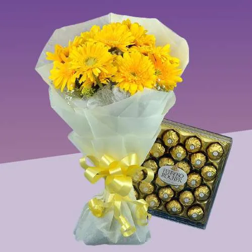 Lovely Yellow Gerberas Bouquet with Ferrero Rocher