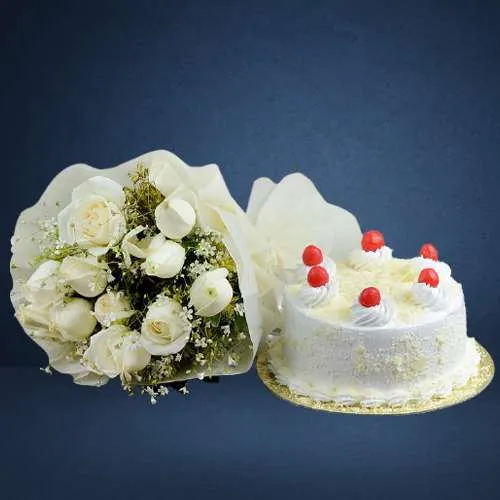 Lovely White Roses Bouquet n White Forest Cake Combo