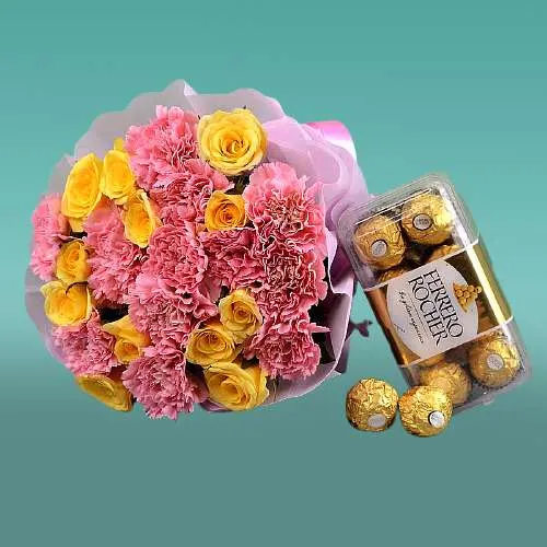 Impressive Yellow Roses n Pink Carnation Bouquet with Ferrero Rocher Combo
