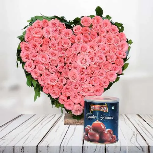 Impressive Pink Roses Basket n Haldiram Gulabjamun Combo