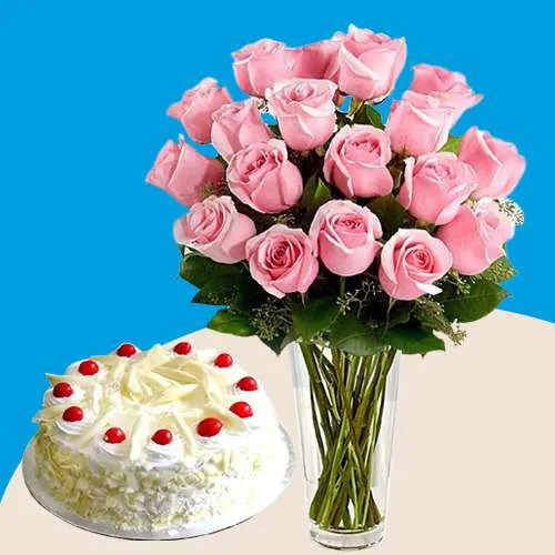 Dazzling Pink Roses in Vase with White Forest Cake