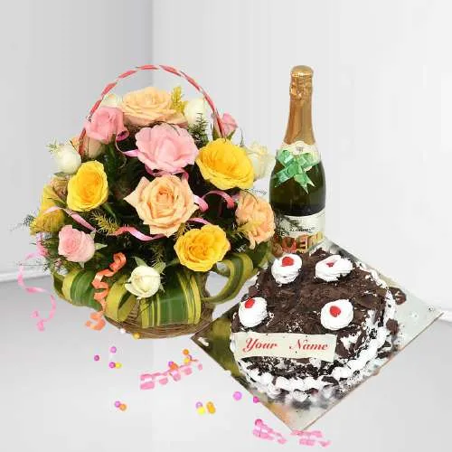 Magnificent Rose Bouquet with Black Forest Cake N Juice Bottle