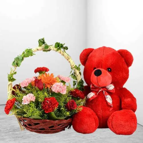Breathtaking Mixed Floral Basket with Cute Red Teddy