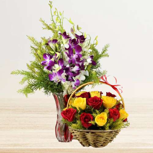 Charming Mixed Orchids in Vase n Mixed Roses Basket Combo