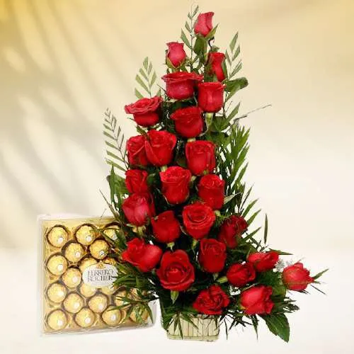 Magical Combo of Red Roses Basket with Ferrero Rocher