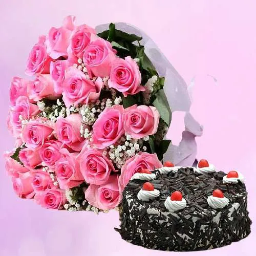 Splendid Pink Roses Bunch n Black Forest Cake Combo