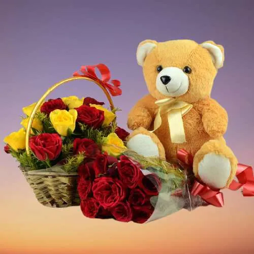 Dazzling Yellow n Red Roses Basket with a Brown Teddy