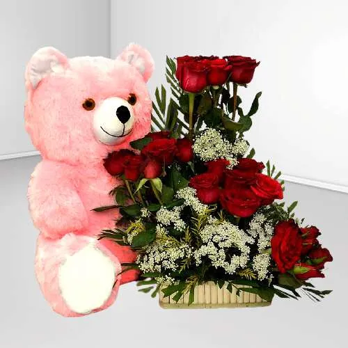 Lovely Red Roses Basket with Sweet Pink Teddy