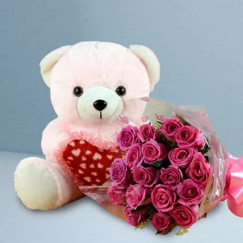World of Pink Roses Bouquet with Pink Teddy