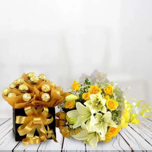 Pristine Yellow Roses n White Lily Bouquet with Ferrero Rocher