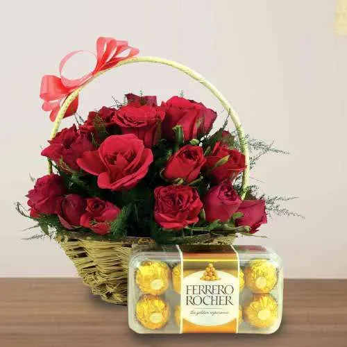 Mesmerizing Red Roses Basket with Ferrero Rocher