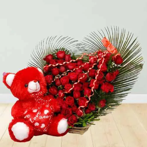 Impressive Red Roses Heart Shape Bouquet n Red Teddy Combo