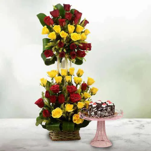 Charming Red n Yellow Roses Basket n Black Forest Cake Combo