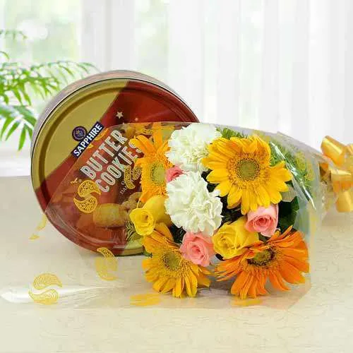 Exuberant Mixed Flowers Bouquet with Danish Butter Cookies
