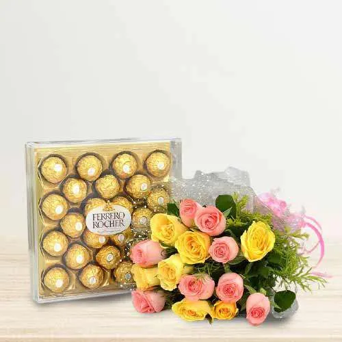 Soothing Yellow n Peach Roses Bunch with Ferrero Rocher