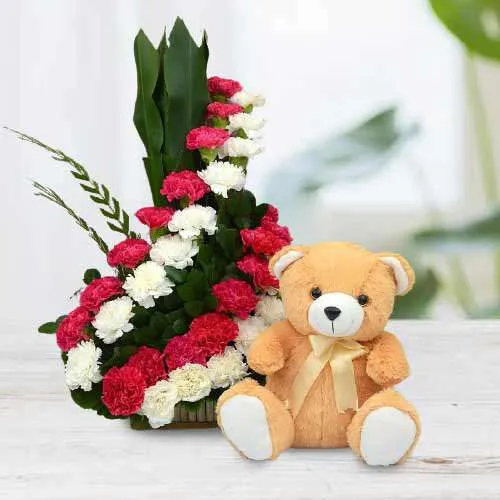 Fantastic Red n White Carnations Bouquet with Teddy