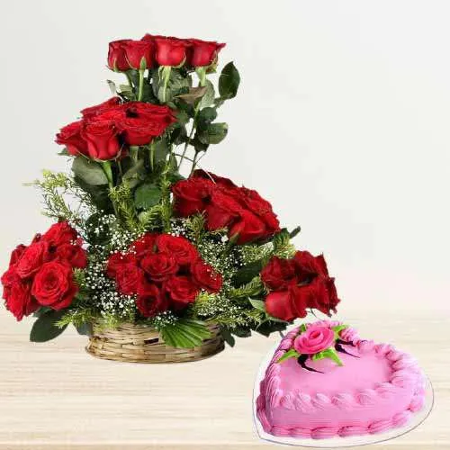 Astonishing Red Roses Basket n Heart Shaped Strawberry Cake Combo