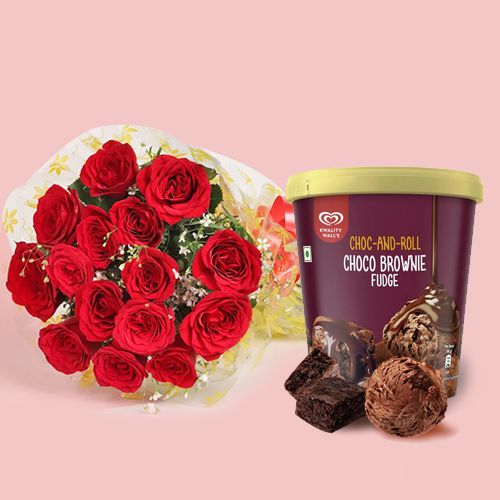 Radiant Red Roses Bouquet with Kwality Walls Choco Brownie Fudge Ice Cream