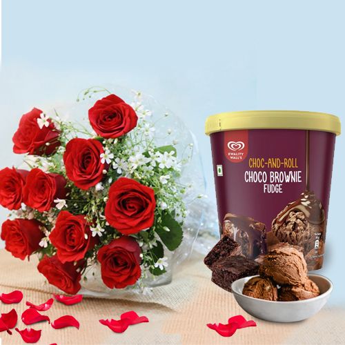Romantic Red Roses with Kwality Walls Choco Brownie Fudge Ice Cream