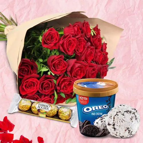 Tasty Ferrero Rocher n Kwality Walls Oreo Ice Cream with Red Roses Bouquet