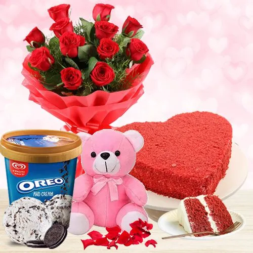 Stunning Red Roses Bouquet N Kwality Walls Oreo Ice Cream with Teddy n Red Velvet Cake