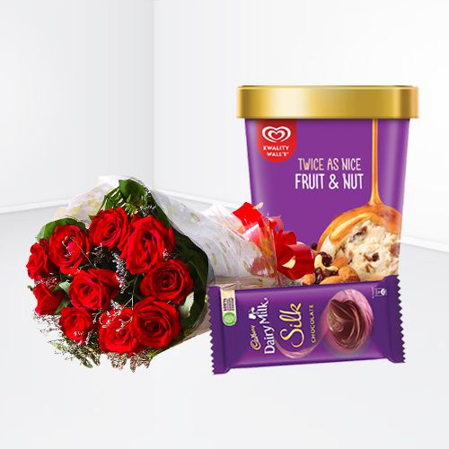 Breathtaking Red Roses Bouquet with Kwality Walls Twin Flavor Ice Cream n Cadbury Chocolate