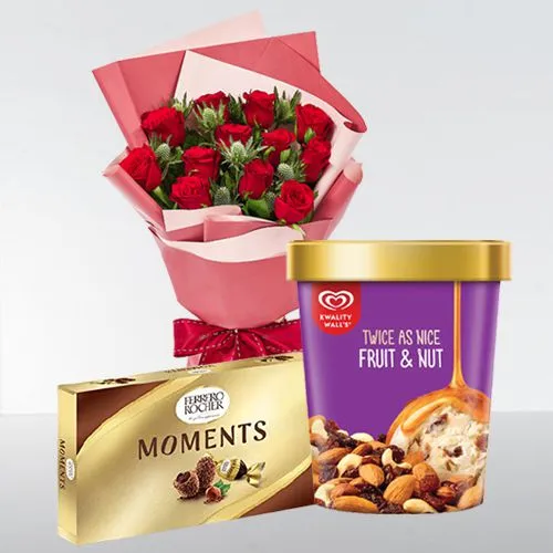 Impressive Kwality Walls Twin Flavor Ice Cream with Red Rose Bouquet n Ferrero Moments