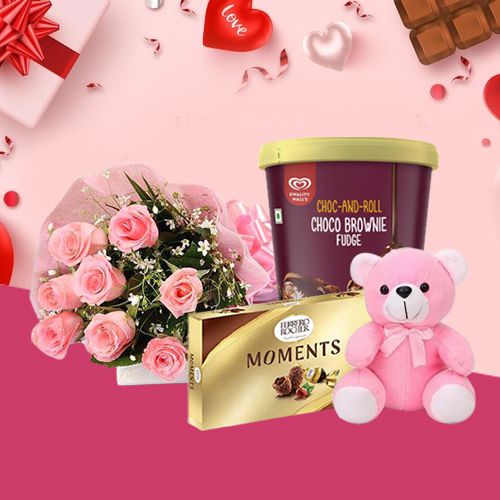 Spectacular Pink Roses n Kwality Walls Choco Brownie Ice Cream with Ferrero Moments n Teddy