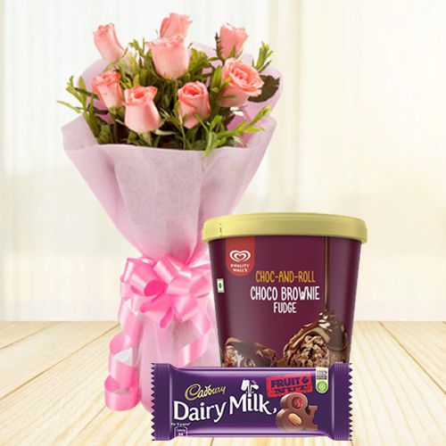 Delightful Kwality Walls Choco Brownie Ice Cream n Pink Roses with Cadbury Chocolates