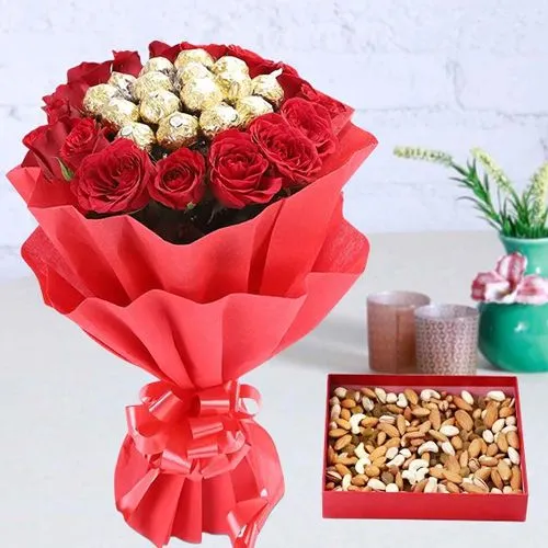Marvelous Dry Fruits Box with Combo of Red Roses n Ferrero Rocher Bouquet