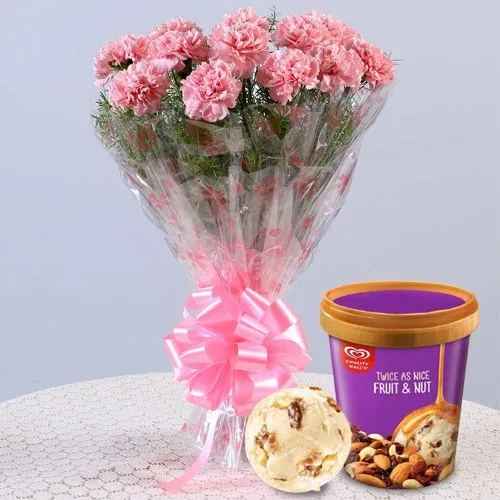 Heavenly Pink Carnations Bouquet with Fruit n Nut Ice-Cream from Kwality Walls