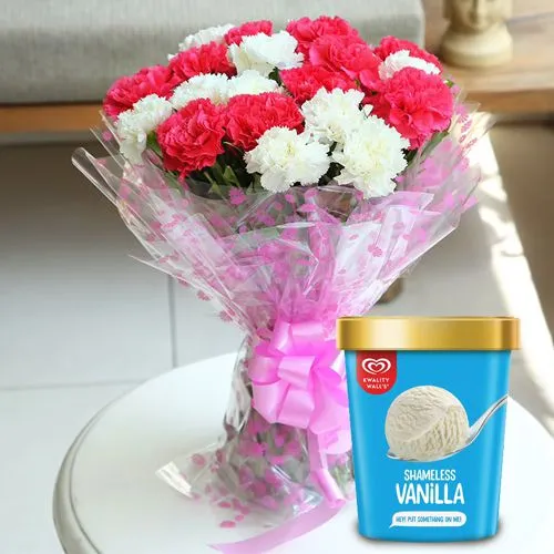 Elegant Pink n White Carnations with Vanilla Ice Cream from Kwality Walls