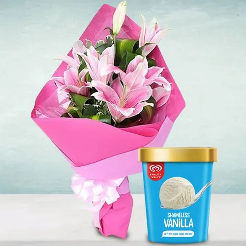 Blushing Pink Lilies Bouquet with Vanilla Ice Cream from Kwality Walls