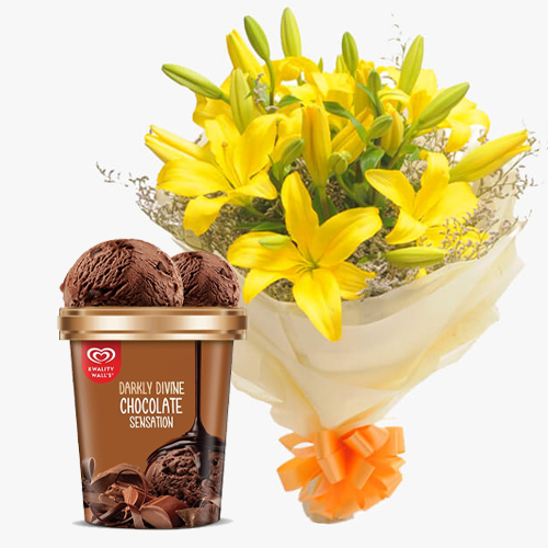 Luminous Yellow Lilies Bouquet with Chocolate Ice-Cream from Kwality Walls