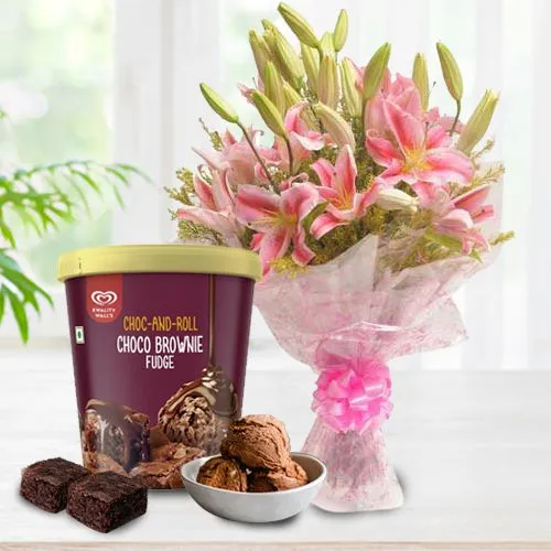 Heavenly Pink Lilies Bouquet with Choco Brownie Fudge Ice Cream from Kwality Walls
