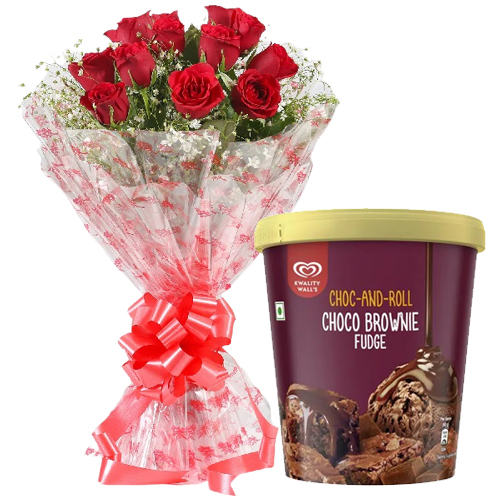 Delicate Red Rose Bouquet with Choco Brownie Fudge from Kwality Walls