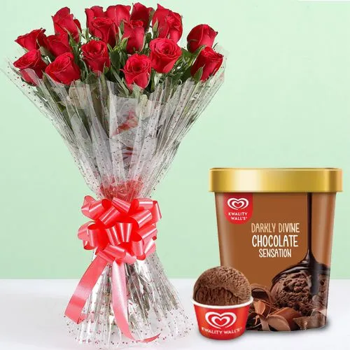 Fresh Red Rose Bouquet with Chocolate Ice-Cream from Kwality Walls