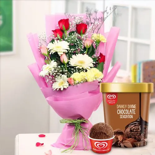 Elegant Mixed Flower Arrangement with Chocolate Ice-Cream from Kwality Walls